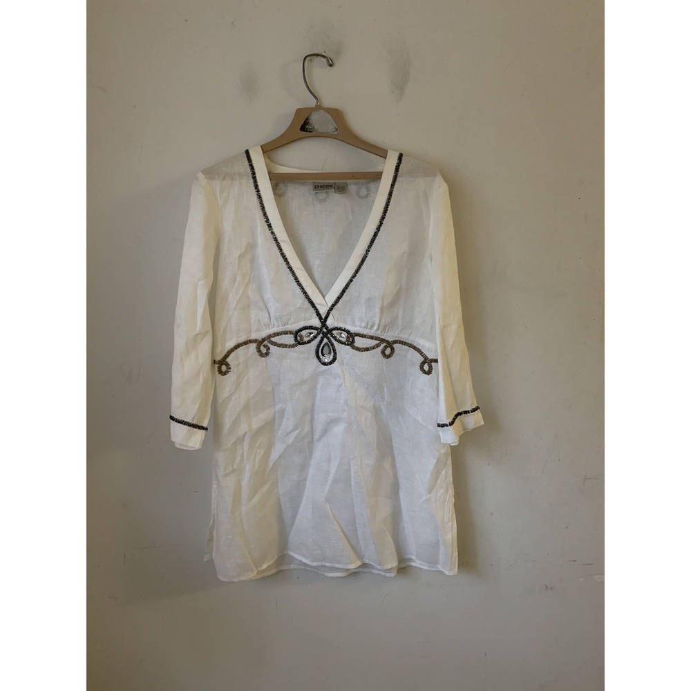 Chicos Womens Shirt 1 Medium White Resort Travel Linen Beachy Beaded